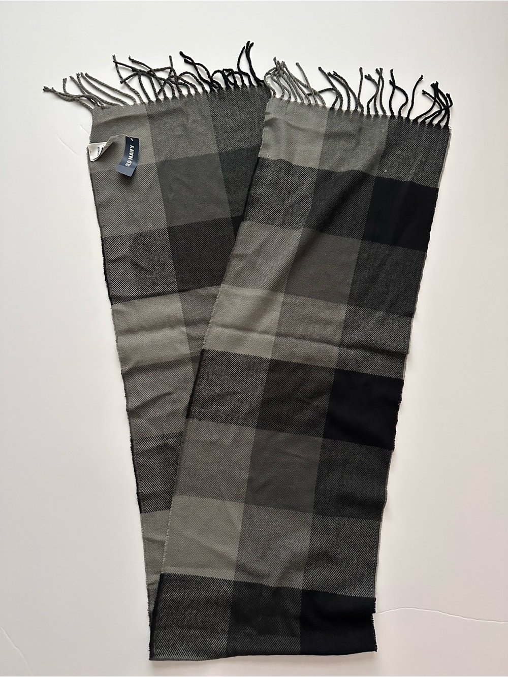 Old Navy Black and Gray Plaid Fringe Scarf